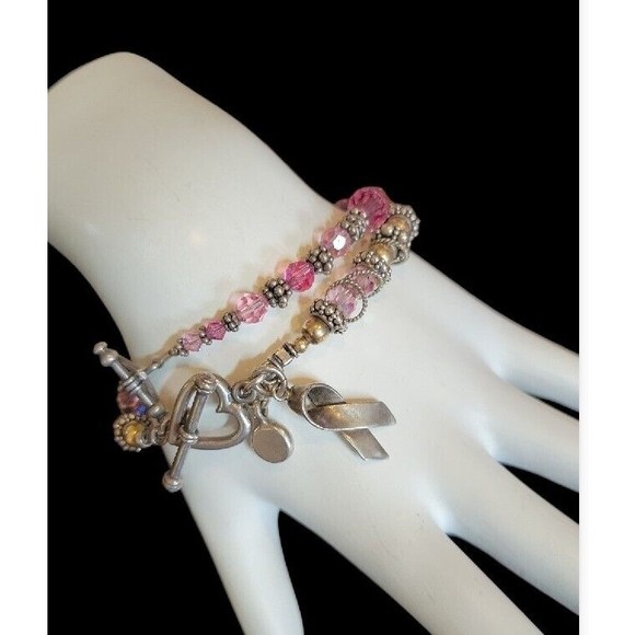 2 Australian Crystals Breast Cancer Sterling Ribbon Charm Bracelets 7.5" - Picture 1 of 6